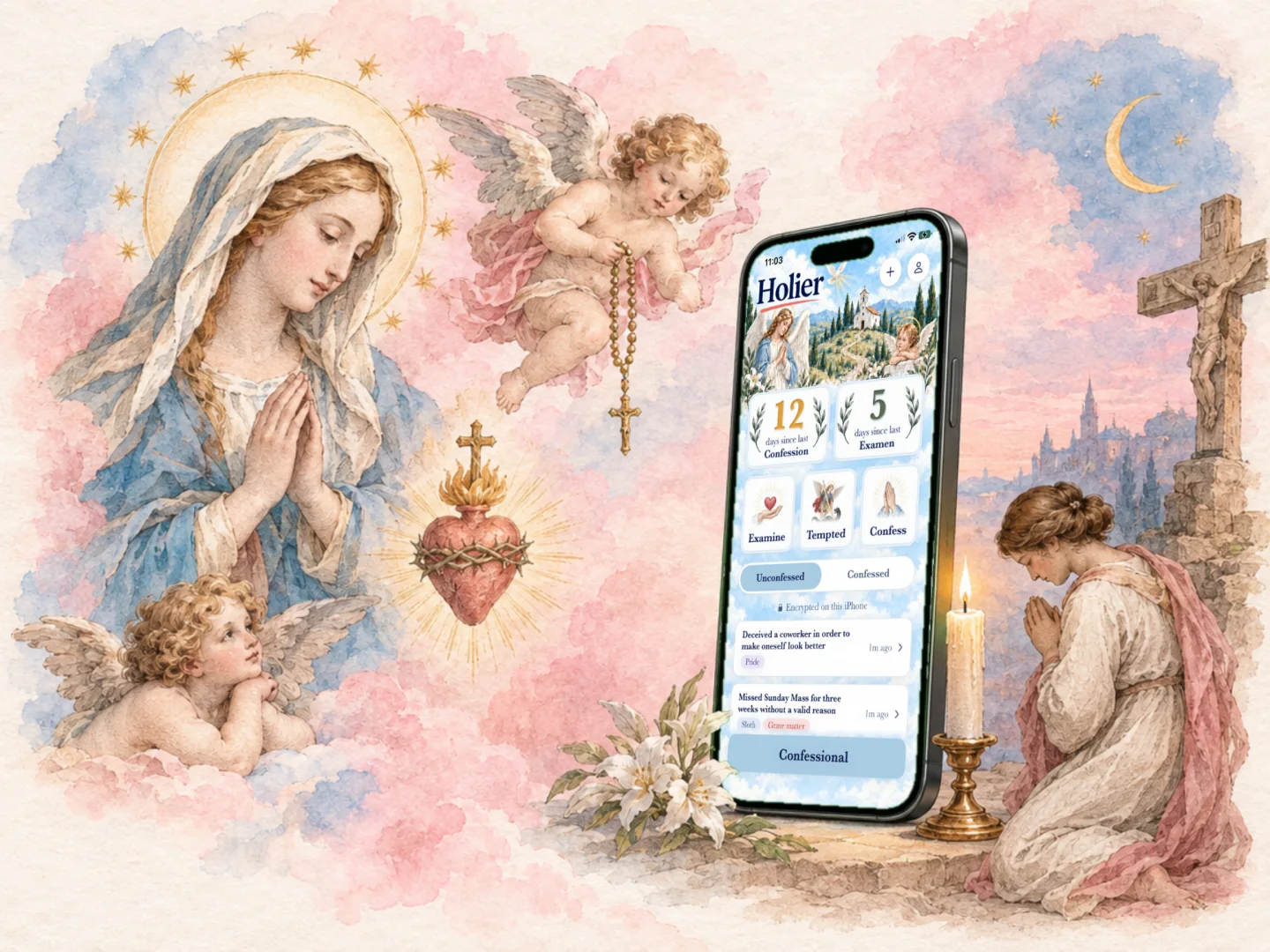 The Holier dashboard on an iPhone: days since last Confession and examen