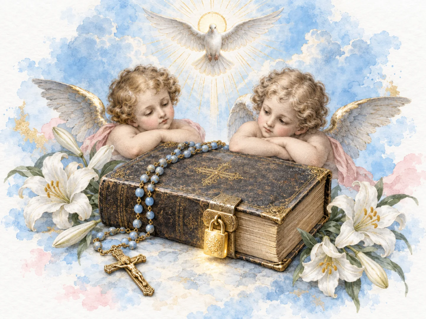 A prayer book locked with a small gold padlock, wrapped in a rosary