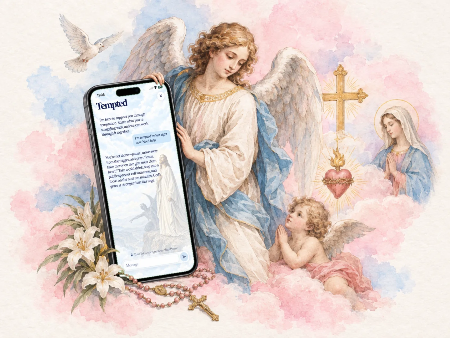 A guardian angel beside an iPhone showing Holier's temptation chat